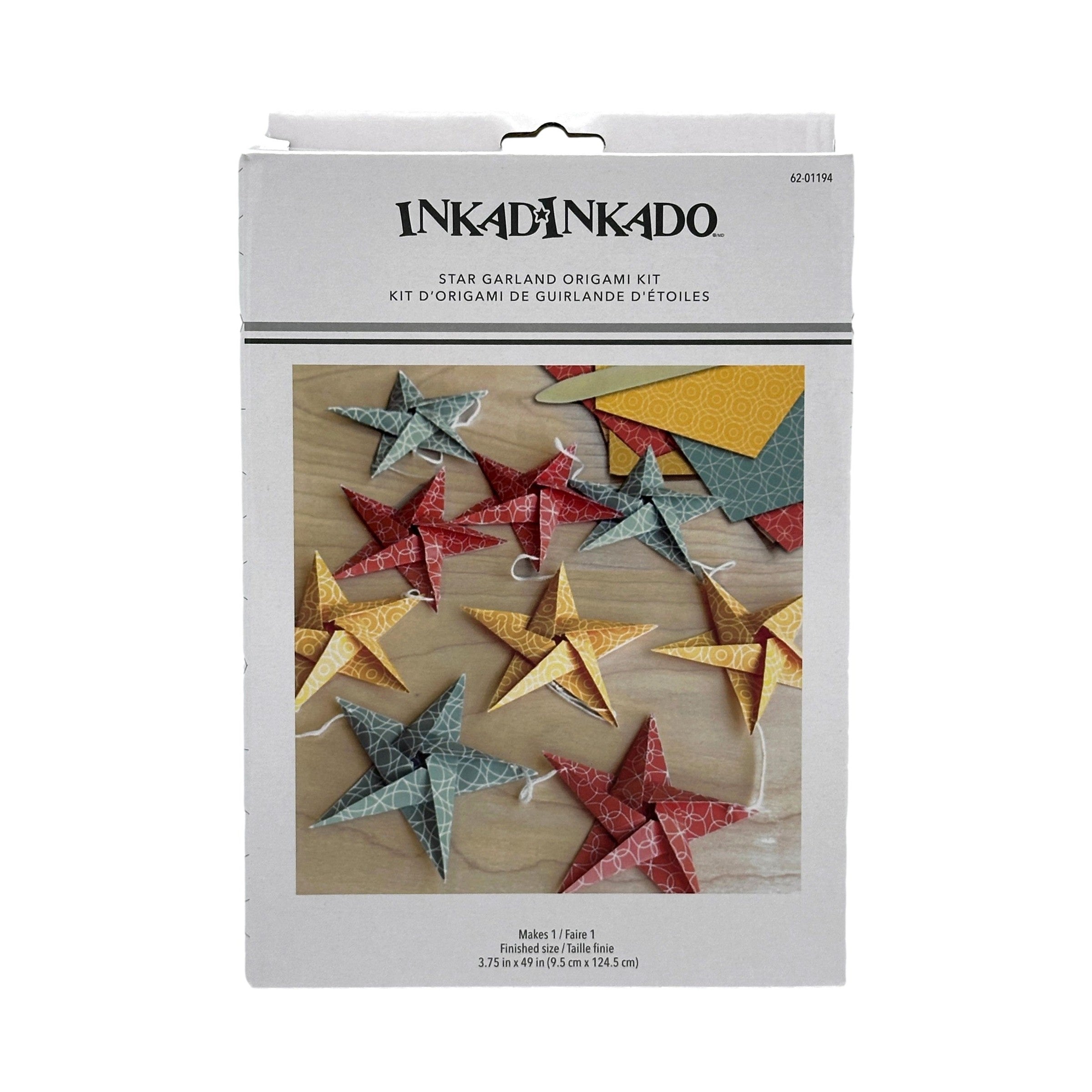 Origami star garland kit in red, yellow, and blue with a white background.